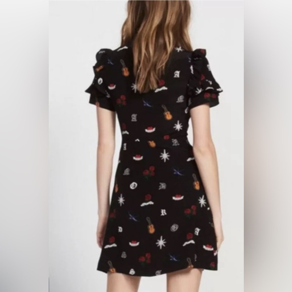 Sandro Wendy Tattoo Print Dress Silk Ruffle Trim Aline Side Zipper Size 2 $495 - Picture 2 of 11